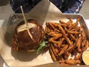 Burger and sweet potato fries  at The Modern Vegan in San Diego