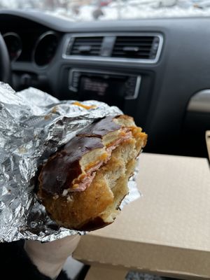 Vegan Chicken Bacon Ranch on a Pretzel Bun with Cheese. SO GOOD. My non-vegan husband loved this one. #Veganuary at Peaceful Provisions in Beacon