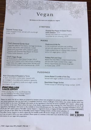 Vegan menu  at Old Bell in Reading