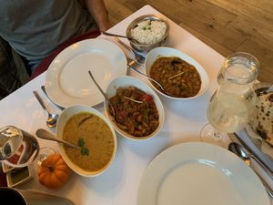 The line up- yellow dal, mushroom fish, and Chana Masala  at RaaSa in Elmsford