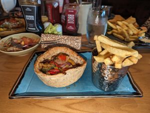 Mediterranean roast vegetable tart with chips at The Treble Bob in Barlborough