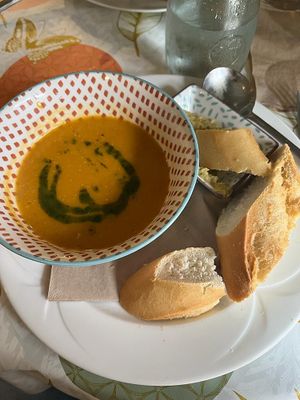 Soup of the day with house hummus and bread  at Thyme Out in Dingle