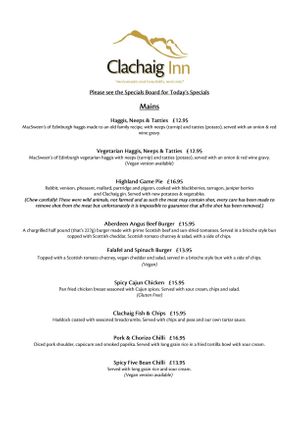 Menu  at The Clachaig Inn in Ballachulish