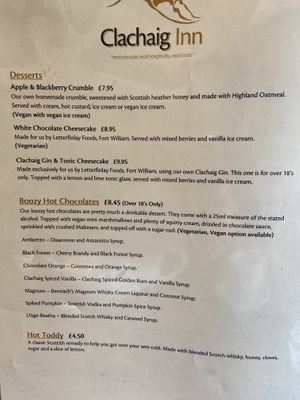 Dessert menu September 2023  at The Clachaig Inn in Ballachulish