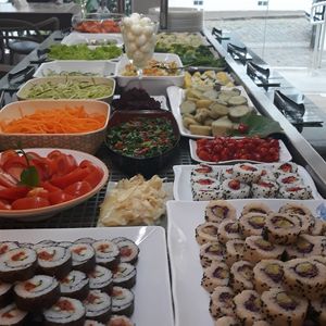 Selection of cold items including vegan sushi. at Bodhilyn in Blumenau