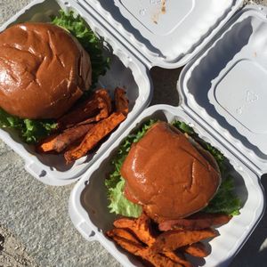 veggie burgers with sweet potato wedges ❤️ at Pacific Coast Greens in Malibu