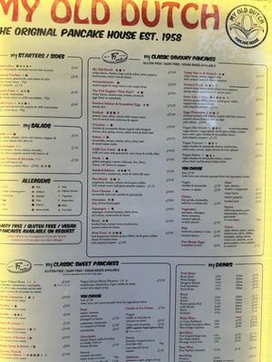 menu   at My Old Dutch in London