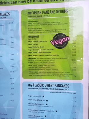 Vegan pancake options. There are also milkshakes at My Old Dutch in London