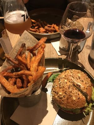 Vegan burger and sweet potato fries  at La Cabane  in Annecy