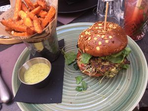 Burger and sweet potato fries  at La Cabane  in Annecy