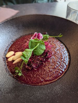 Beetroot and Raspberry Gespacho (cold) at La Cabane  in Annecy