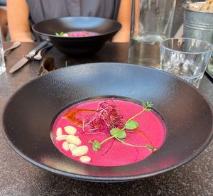Beetroot and raspberry gazpacho (part of 3 course vegan option)  at La Cabane  in Annecy