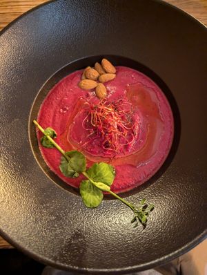 Beetroot and strawberry gazpacho soup at La Cabane  in Annecy