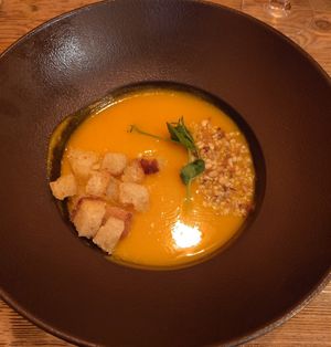 Pumpkin soup with nuts and croutons at La Cabane  in Annecy