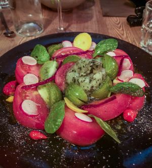 tomato "carpaccio" with basil sorbet at La Cabane  in Annecy