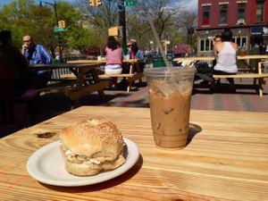 bagel w tofu cream cheese ~ outdoor seating at s'Nice in Brooklyn