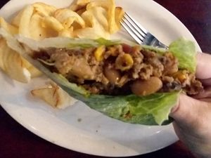 "The Breadless". Patty is made from beans, veggies and quinoa. at Naples Flatbread in Naples