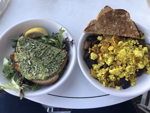 Avocado toast and vegan breakfast hash    at Cafe 13 in Golden