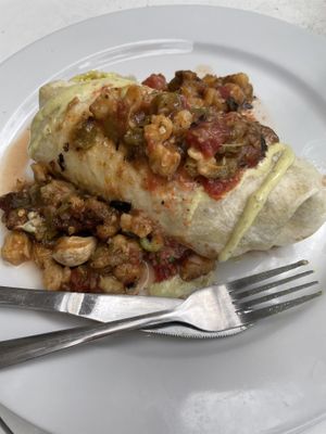 Vegan burrito with vegan green sauce  at Cafe 13 in Golden