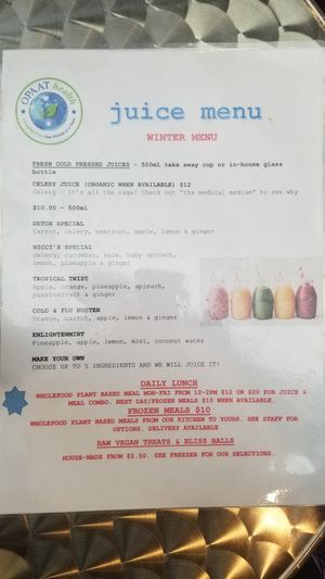 Menu at Opaat Health in Nelson Bay