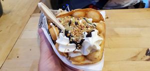 Rice milk ice cream, with hazelnut sauce, chocolate sauce, hazelnuts, and the (maybe a bit too sweet but super fluffy and enjoyable) bubble waffle. at The Cream in Barcelona