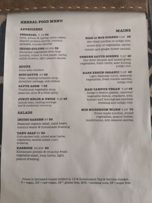 Food menu at Indigo Herbal Kitchen in Ubud