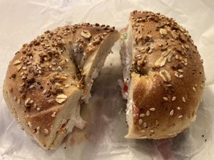 Everything bagel with vegetable tofu spread  at Bagel Pub in Brooklyn