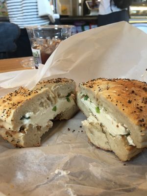 Everything with vegan tofu scallion schmear  at Bagel Pub in Brooklyn