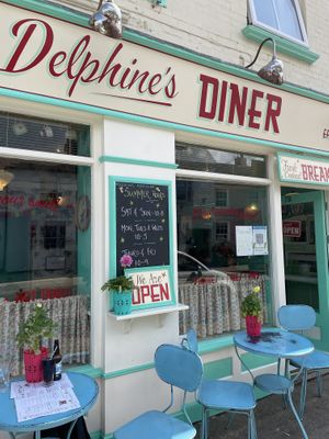 Outdoor seating area at Delphine's Diner in Aldeburgh