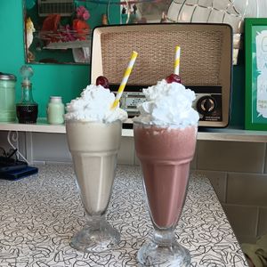 Vanilla and chocolate vegan shakes at Delphine's Diner in Aldeburgh