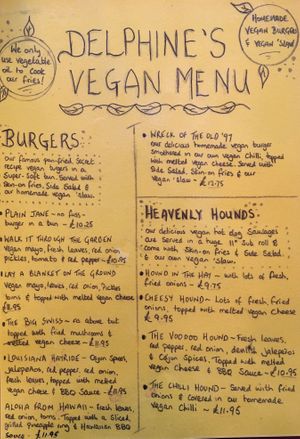 Delphine’s vegan menu. We also have an amazing peach & raspberry vegan milkshake!  at Delphine's Diner in Aldeburgh
