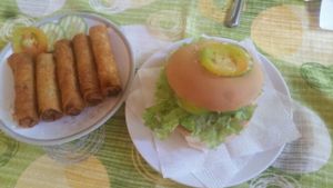 veggie burger, spring rolls at Namaskar Vegetarian Restaurant in Puerto Princesa