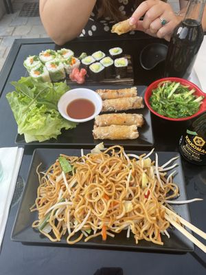 Yakitori vegetable noodles, Maki, Spring Roll, Wakame Cucumber salad   at Top Maki in Lisle-sur-la-sorgue