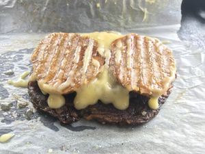 Club roll!

Grain fed seitan [our version of chicken(I guess)] swill fed seitan [fake bacon], hash brown and VioLife melt

Served on a focaccia roll! at Seitan's Lot in Glasgow