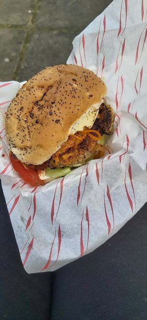 Schnitzel burger with kimchi and mozzarella at Seitan's Lot in Glasgow