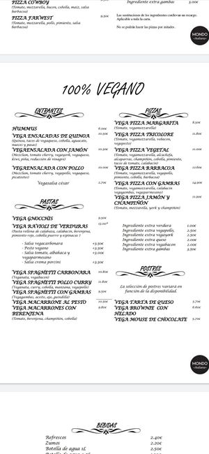 La carta vegana (agosto 2021) at Mondo Italiano in Murcia
