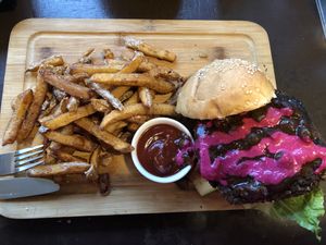 The Hollis burger with beet aioli delicious! Their fries are to die for 🤩 at The Local Gastro Pub in Barrie