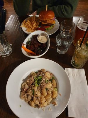 Gnocchi, wings and burger at Bowhead Pub in Montreal