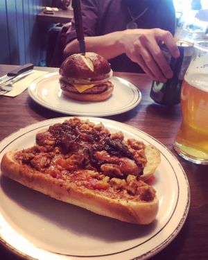 Hot dog Michigan & burger  at Bowhead Pub in Montreal