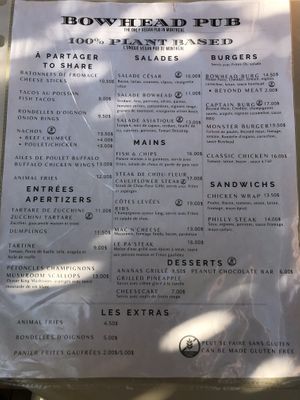 Menu at Bowhead Pub in Montreal
