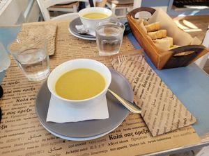 vegan soup on a house, very tasty at Oniro Art Meze in Rhodes