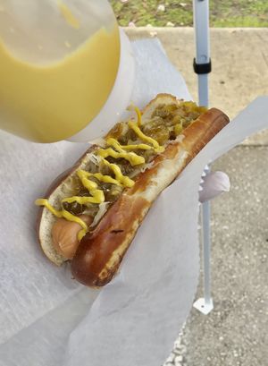 Vegan hot dog topped with organic relish, sauerkraut & mustard. 😋 at Harmless Hot Dog in Hollywood