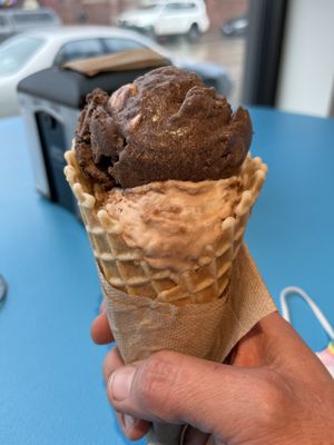 Waffle cone with vegan rocky road and toasted coconut  at Love Creamery in Duluth
