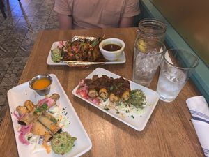 taquitos, mini chimis with jackfruit, and quesabirria tacos!!!! at Charro Vida in Tucson