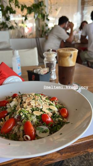 Quinoa salad n caffe freddo  at Meltemi Brunch Cafe in Skiathos