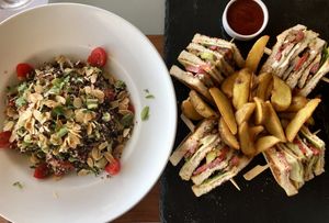 Quinoa salad and vegan club, enough for two  at Meltemi Brunch Cafe in Skiathos