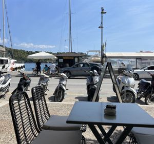 Look for the green taxi station   at Meltemi Brunch Cafe in Skiathos