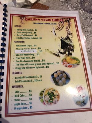 Menu at Karuna Vegie House  in Lyneham