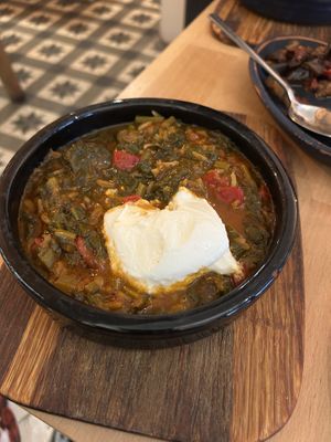 Turkish spinach with tomato (picture has yogurt. You can as without, they have other options too)   at No 19 Dining in Istanbul
