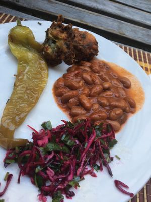 Green pepper, pakora, baked beans, beetroot salad starter selection at No 19 Dining in Istanbul